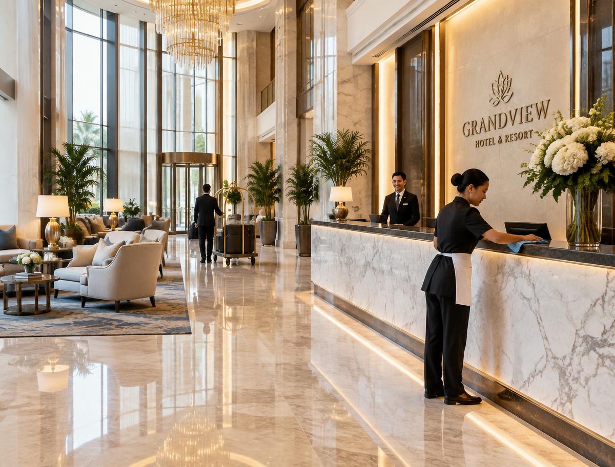 Majestic housekeeping team detailing a luxury hotel lobby reception desk